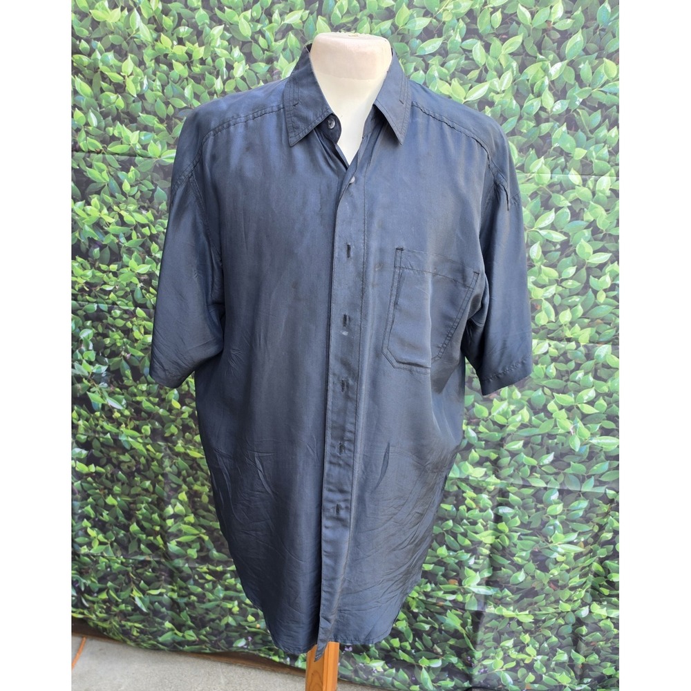 Creative Edge 100% Silk Button Front Shirt Mens Medium Black Short Sleeve
